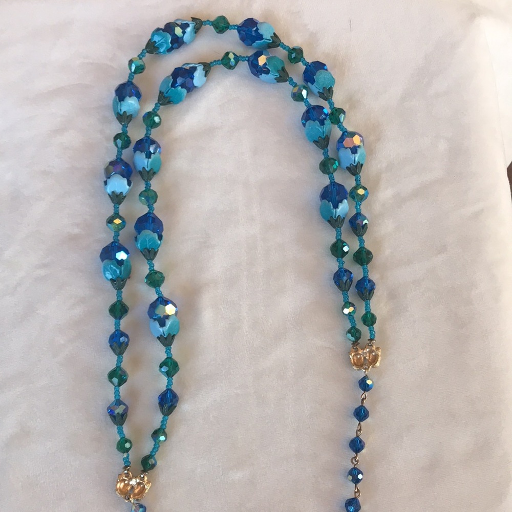 VTG BLUE ENAMEL AURORA BOREALIS CRYSTAL 2 STRAND - Picture 6 of 14